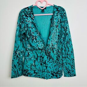 INC International Concepts Teal and Black Sequin Cardigan Size Large